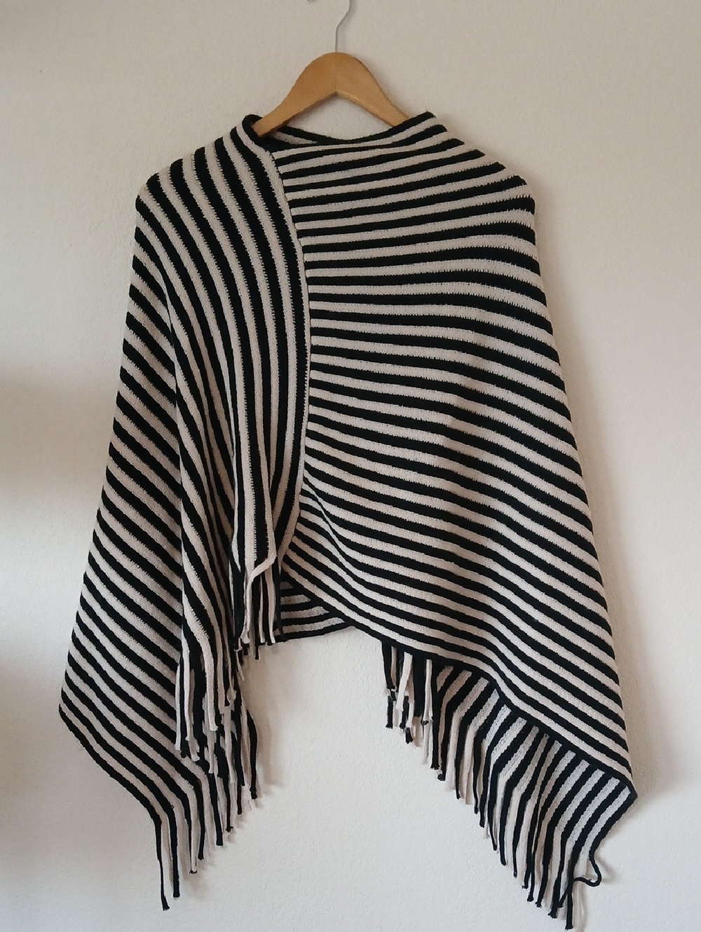 Black And White Striped Shawl With Fringe